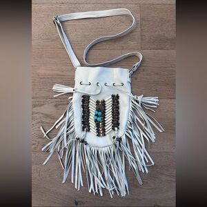 White Leather Crossbody Bag with Fringe and Beadwork